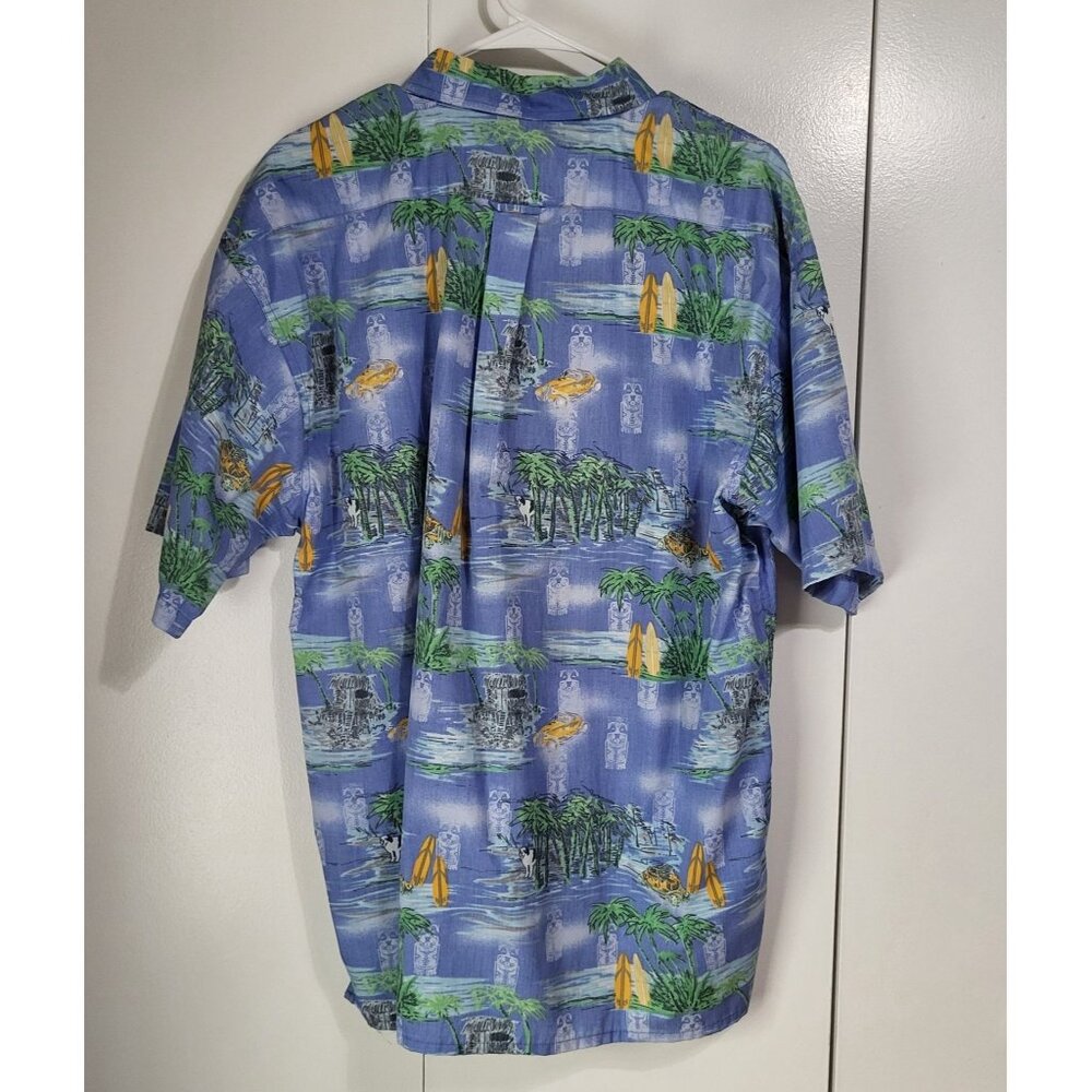 Big Dogs Mens SZ LG Hawaiian Button Down Shirt Tiki Palm Blue - Picture 2 of 8